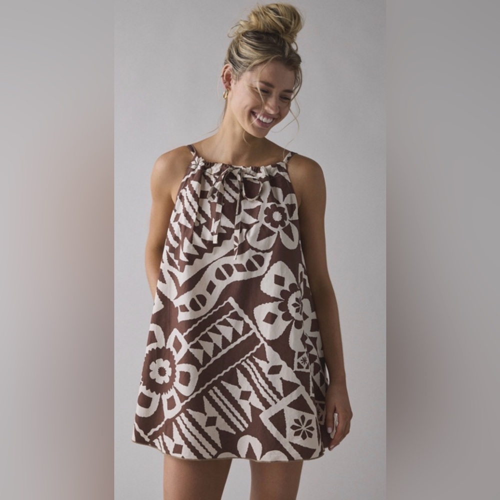 NWT BDG Brown & Cream Abstract Print Halter Mini Dress | Size M | Boho Style
